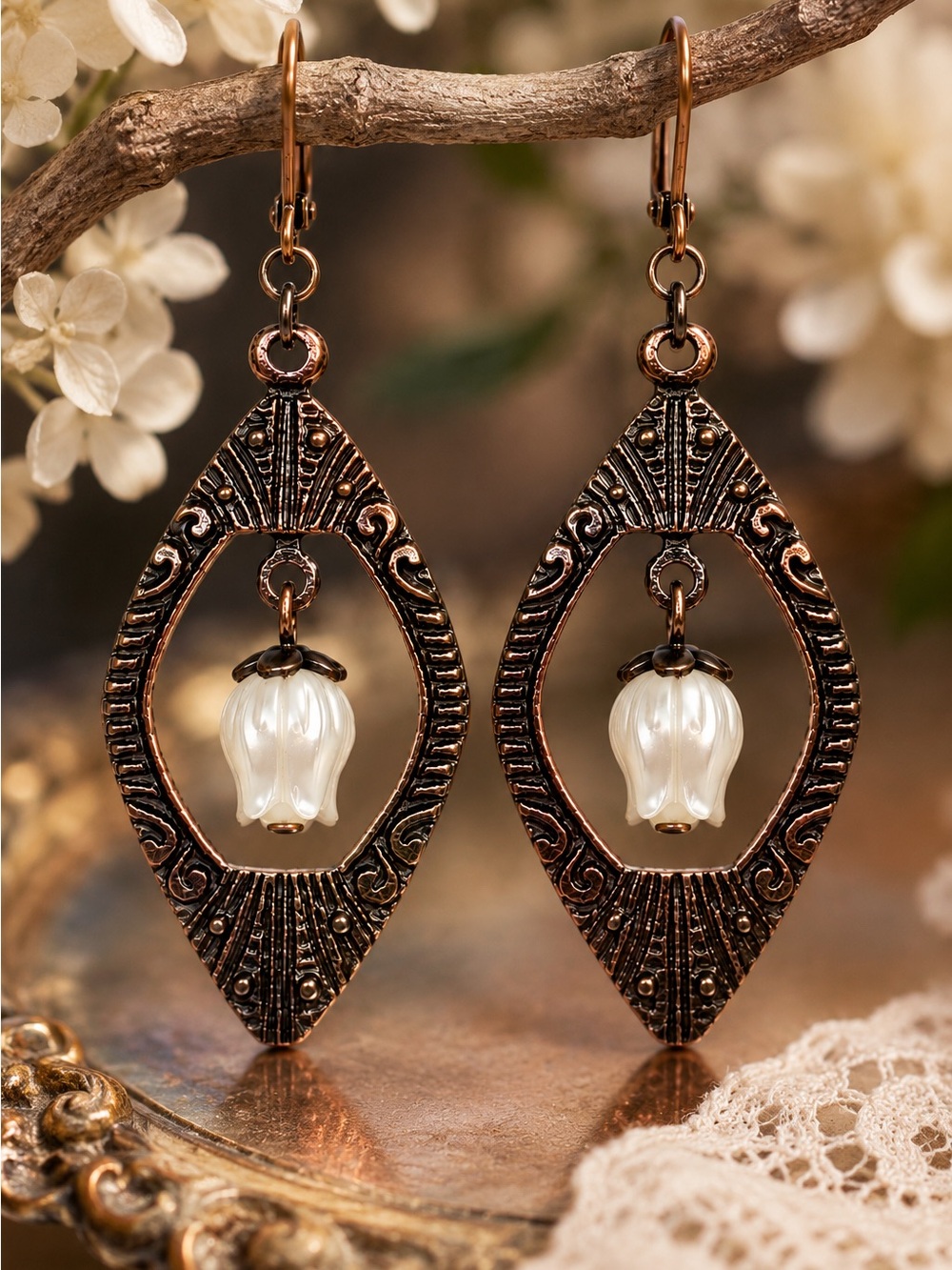 Mother of Pearl Drop Earrings | Antique Copper Boho Artisan | Premium Leverbacks